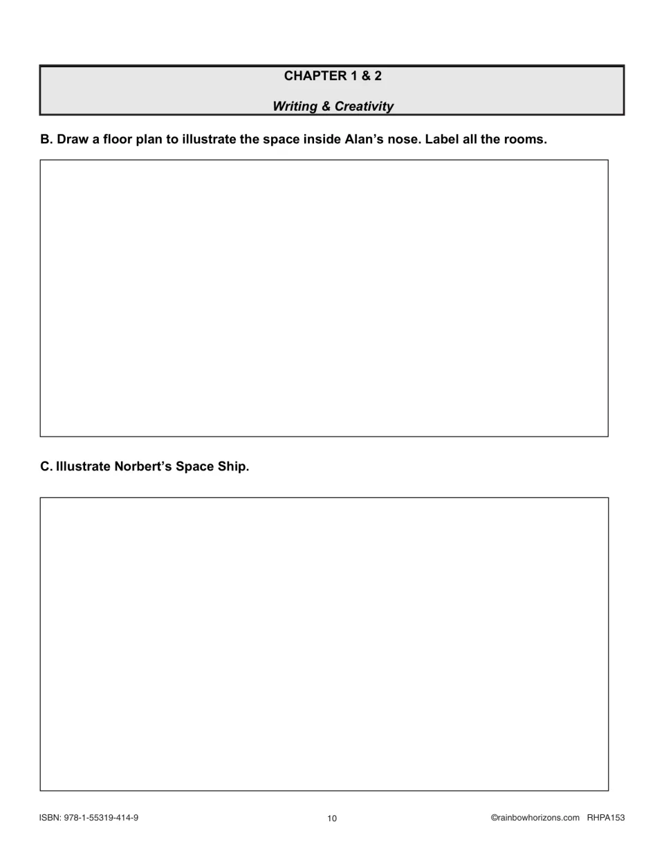 Chapters 1–2 creativity tasks ask students to draw and label a floor plan inside Alan’s nose and draw Norbert’s ship