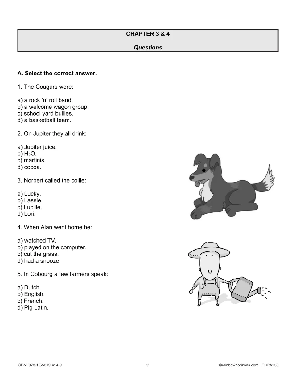 Chapters 3–4 comprehension practice includes five multiple-choice questions about the Cougars, Jupiter, and Alan