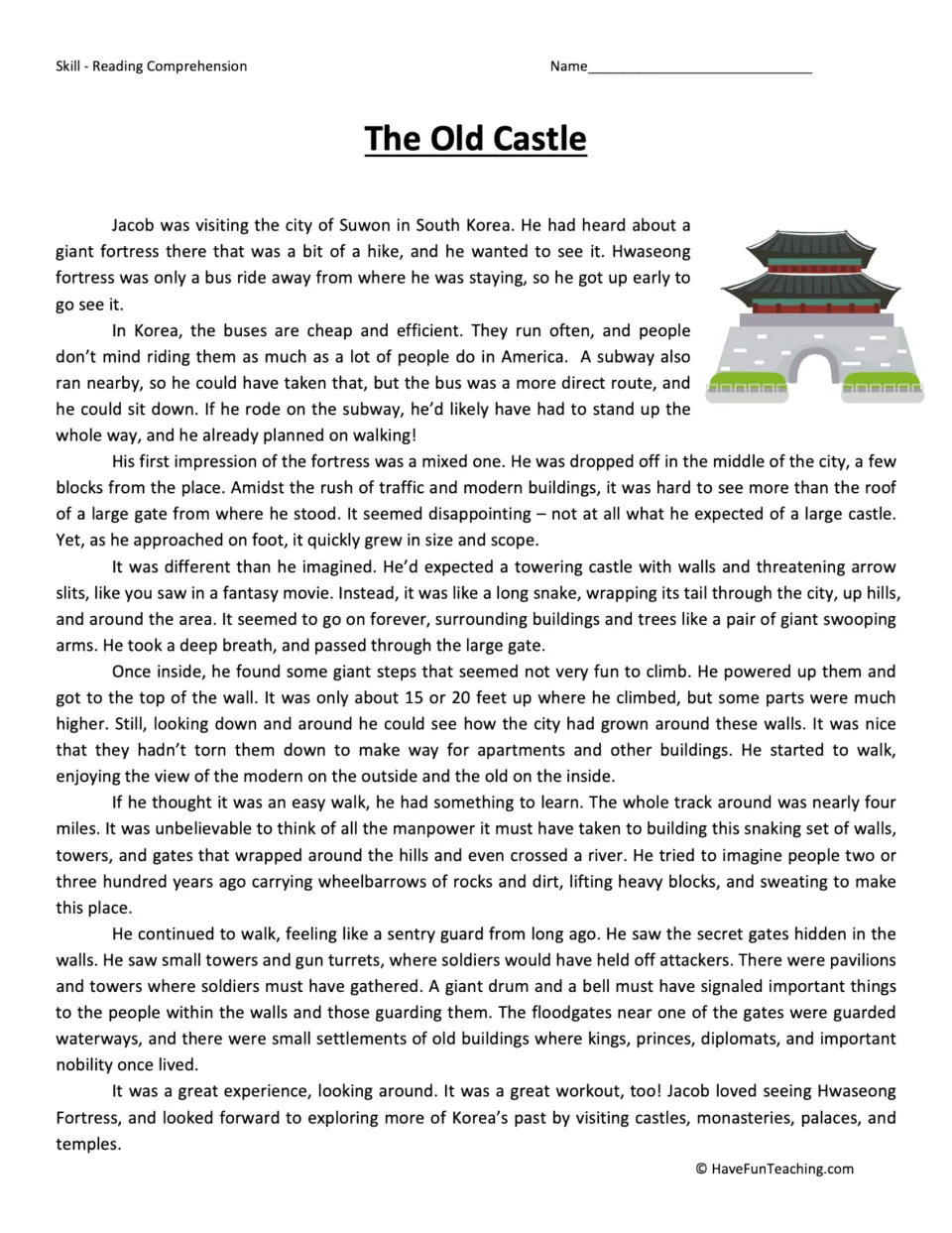 Reading passage about Jacob visiting Hwaseong Fortress in South Korea and exploring its walls and gates