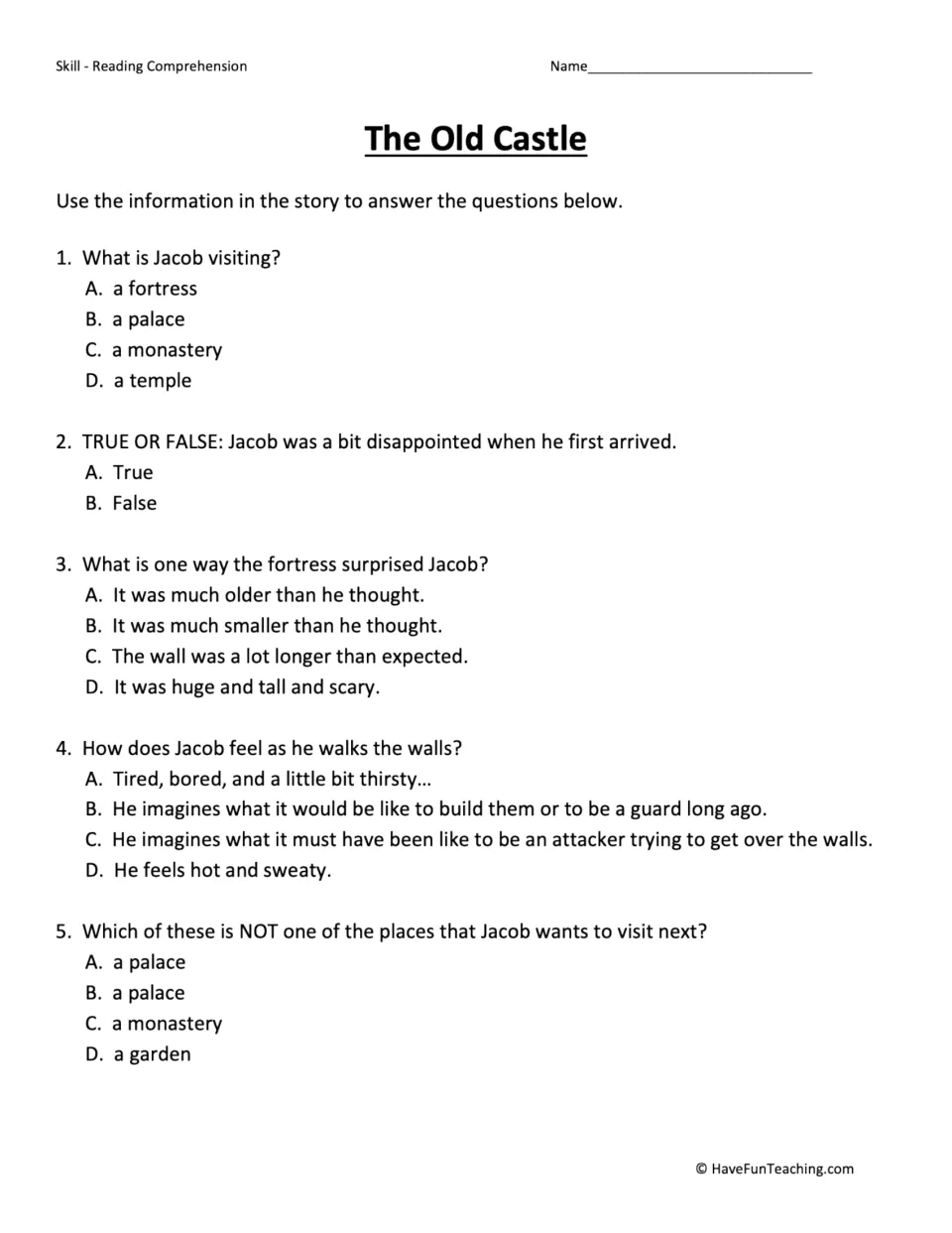 Five comprehension questions about Jacob's fortress visit, his first impression, and future travel plans