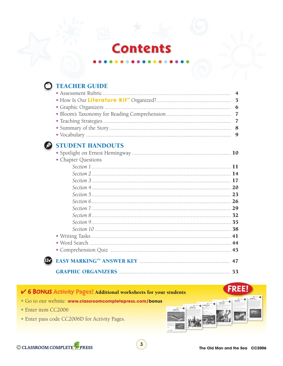Contents lists teacher guidance, 10 question sections, writing tasks, a quiz, an answer key, and organizers.
