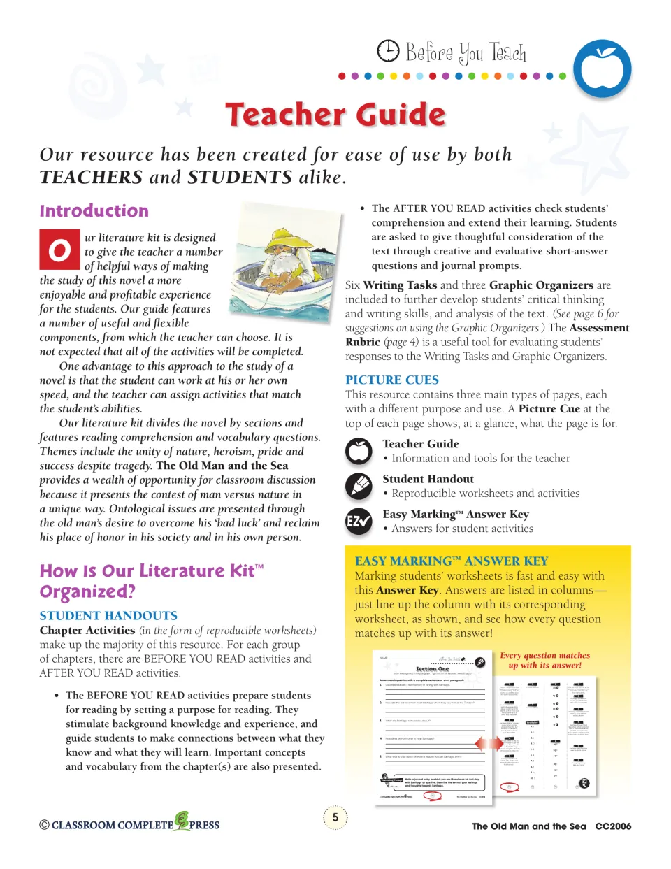 Teacher guide explains before- and after-reading work, six writing tasks, three organizers, and the answer key.