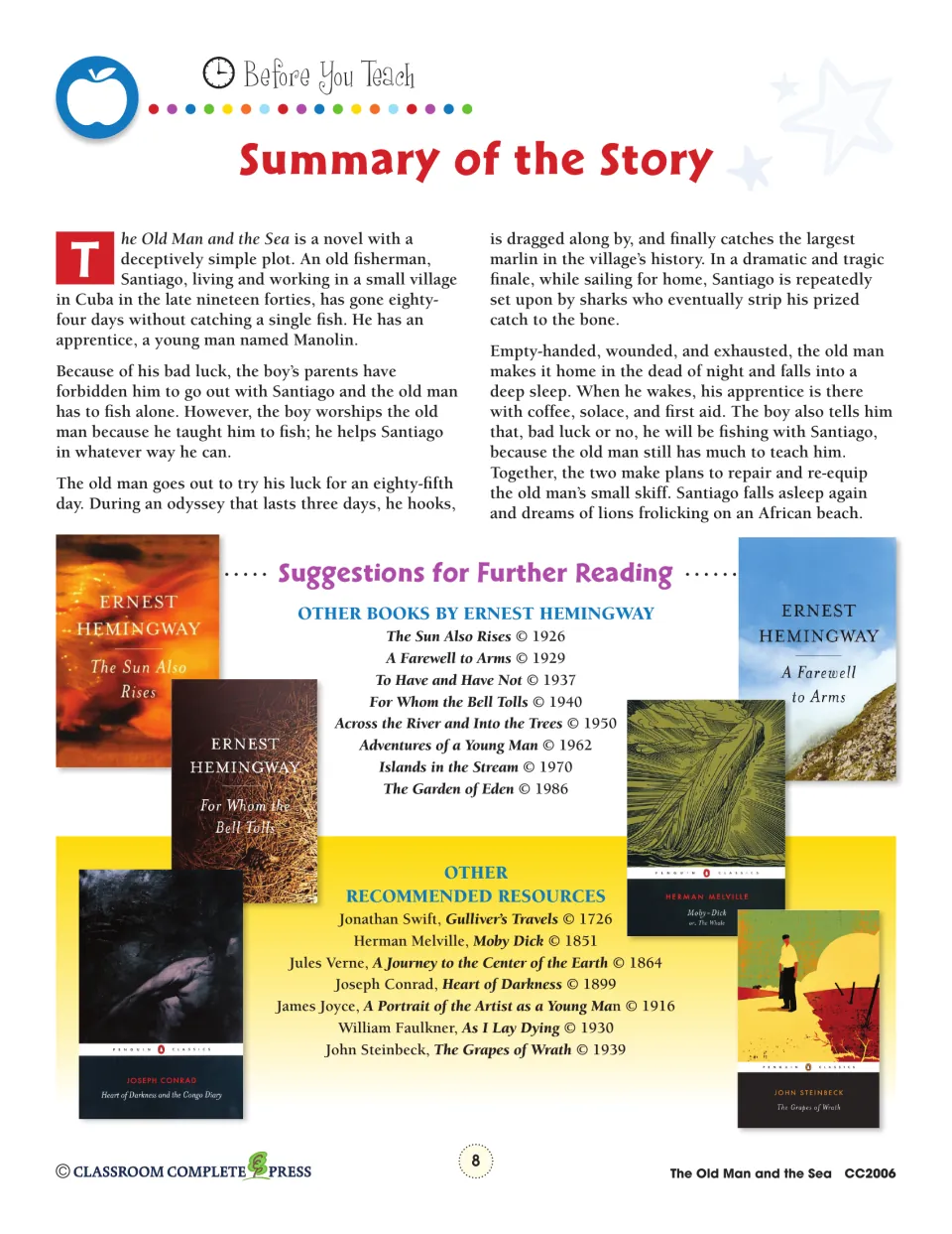 Story summary follows Santiago’s marlin catch, shark attacks, and return home, followed by further reading.