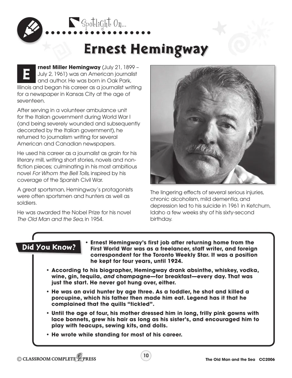 Ernest Hemingway author handout includes his portrait, biography, journalism career, and a Did You Know section.