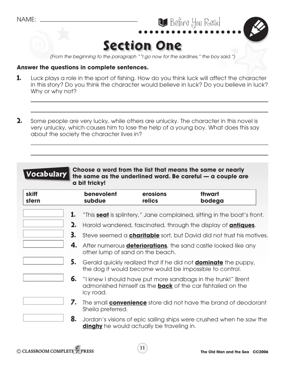 Section One pre-reading handout asks two questions about luck and gives eight vocabulary substitution items.