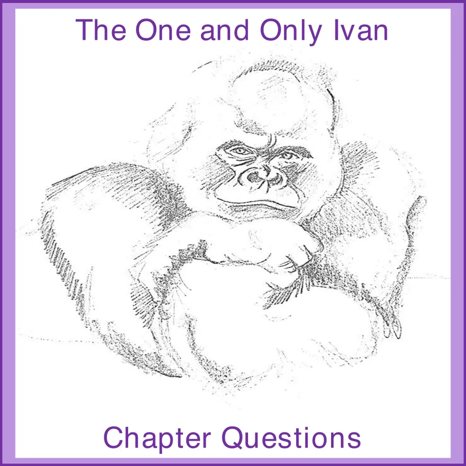 The One and Only Ivan Chapter Questions cover with a pencil sketch of a gorilla resting his arms and gazing forward