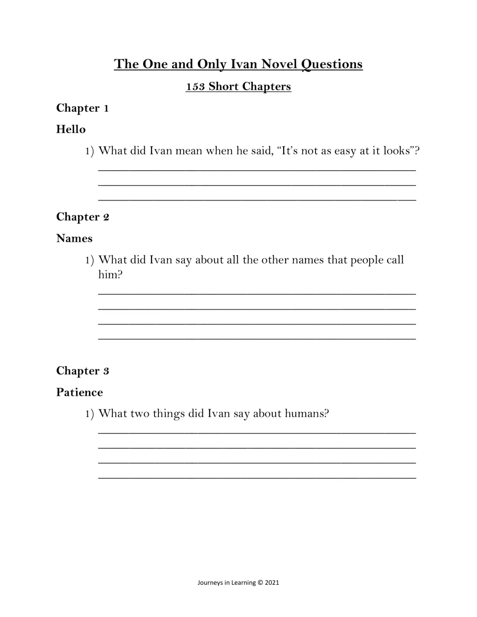Novel questions for chapters 1 to 3 (Hello, Names, Patience): students explain Ivan's quote and what he says about humans