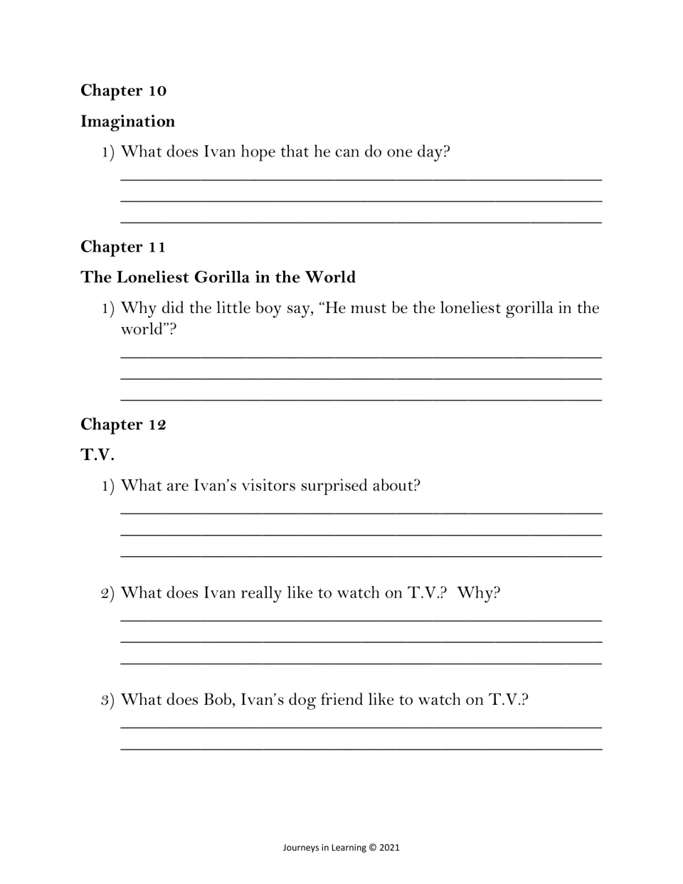 Chapters 10 to 12: students explain why a boy calls Ivan the loneliest gorilla and what Ivan and Bob like on TV