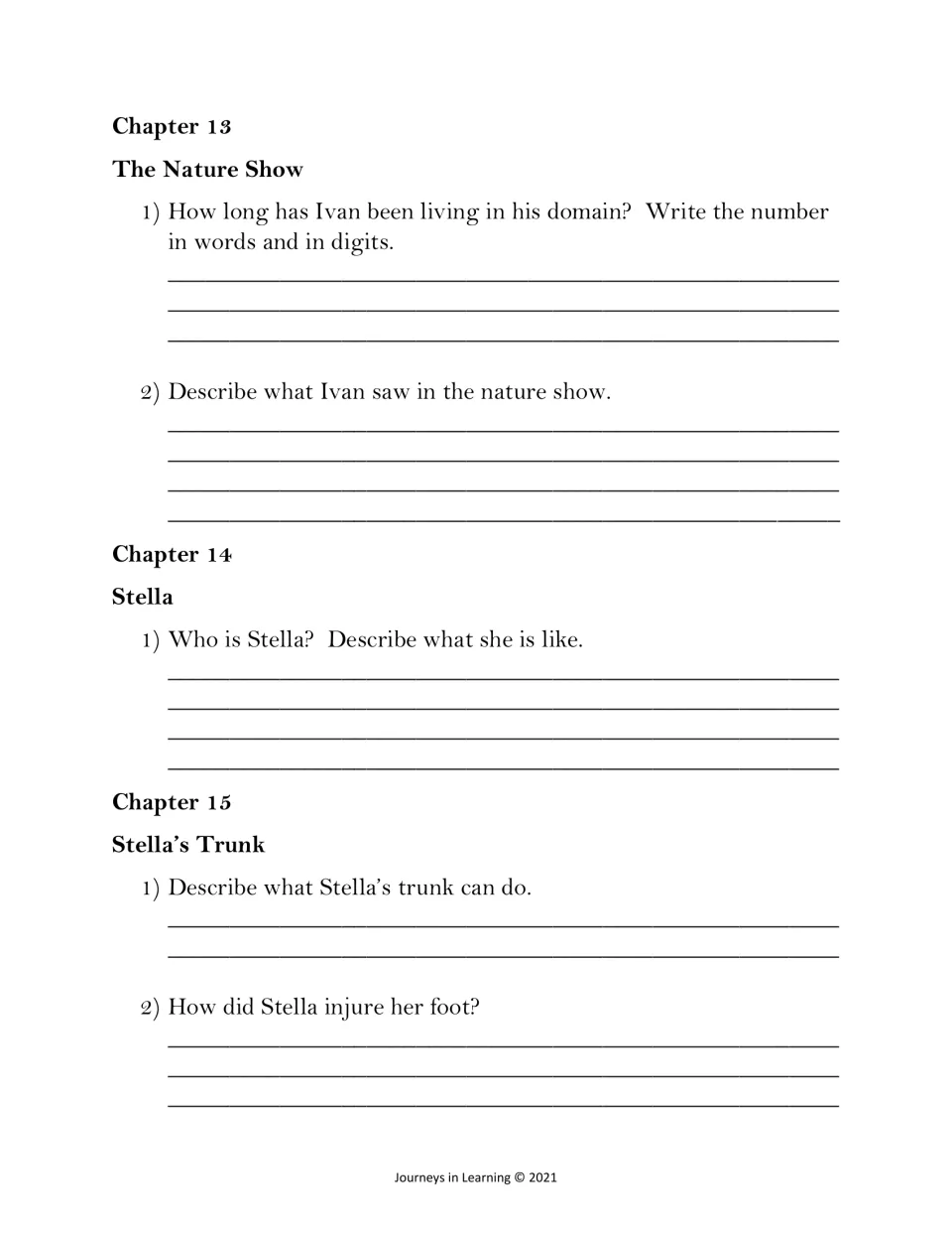Chapters 13 to 15: students write how long Ivan has lived in his domain, in words and digits, and describe Stella