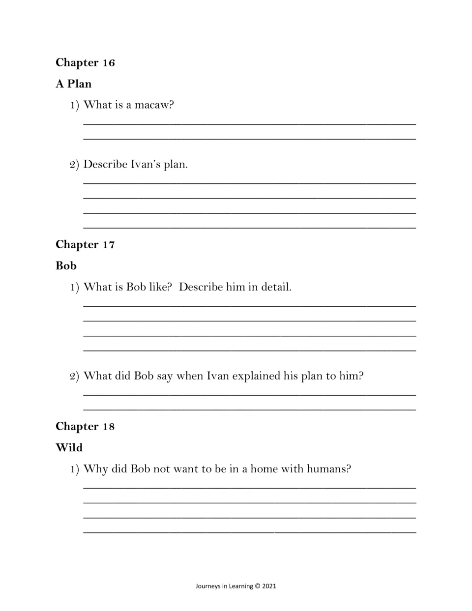 Chapters 16 to 18: students define macaw, describe Ivan's plan and Bob, and explain why Bob avoids a human home