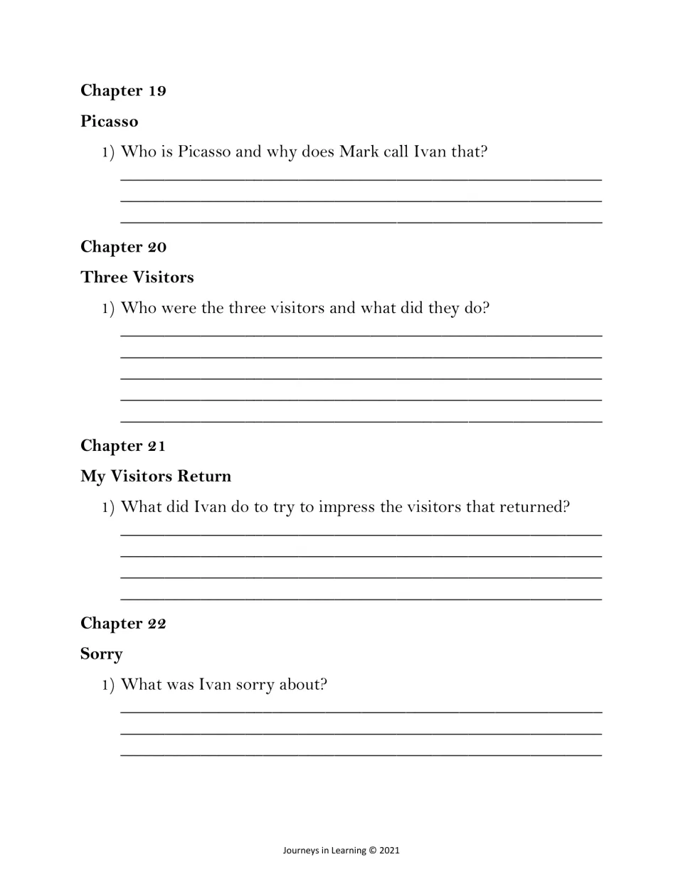 Chapters 19 to 22: students tell why Mark calls Ivan Picasso, who the three visitors were and what Ivan was sorry about