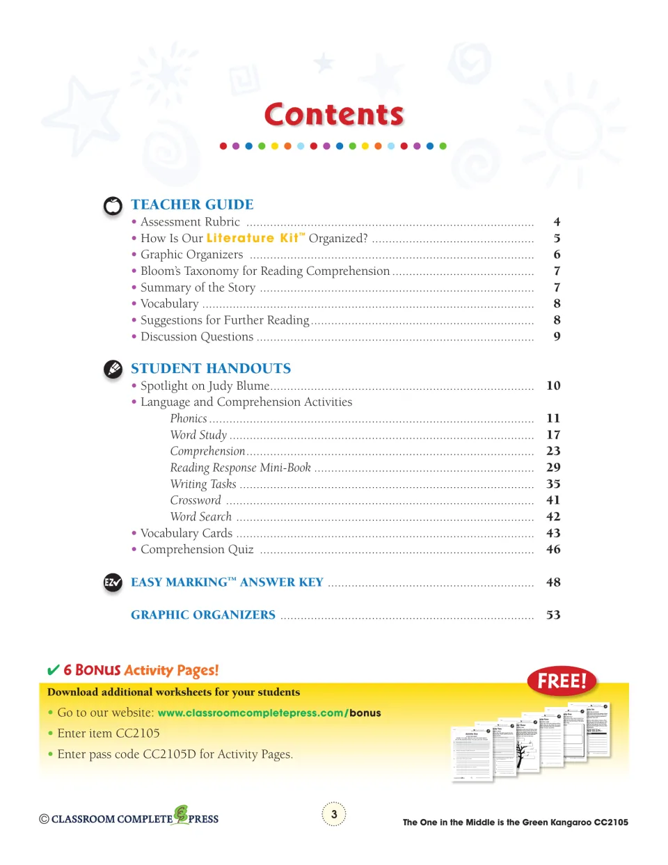 Contents lists the teacher guide, student handouts, vocabulary cards, quiz, answer key, and graphic organizers