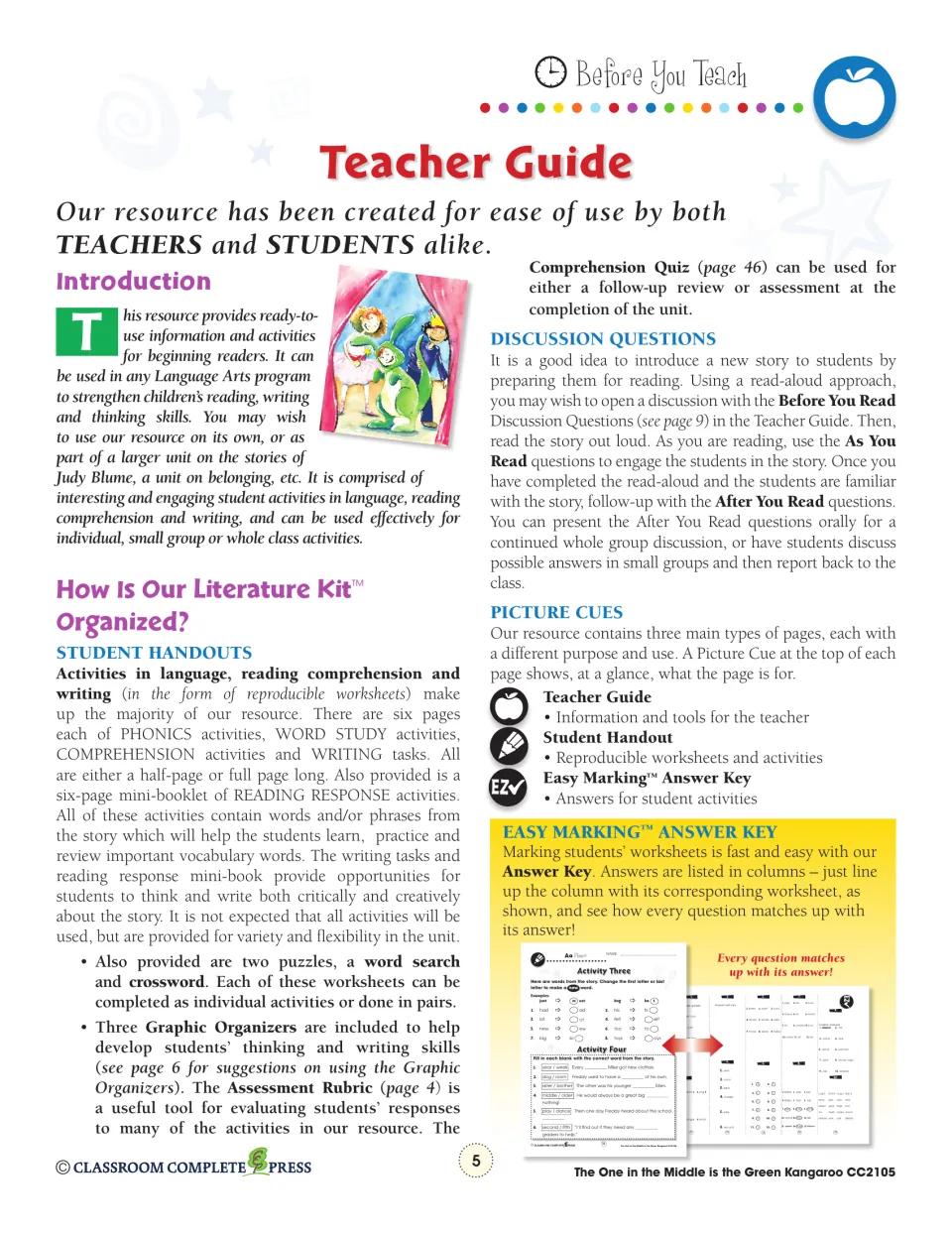 Teacher guide explains the kit's handouts, discussion questions, picture cues, quiz, and answer key