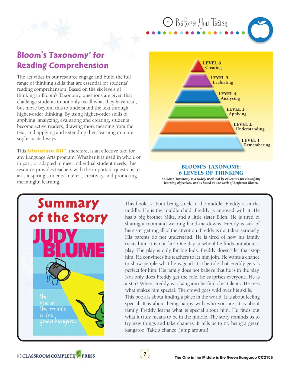 Teacher reference explains Bloom's six thinking levels and summarizes Freddy's role in the school play