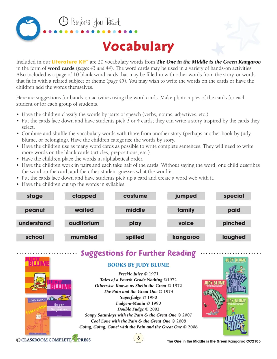 Vocabulary guide lists 20 story words, including stage, costume, and kangaroo, with word-card activity suggestions