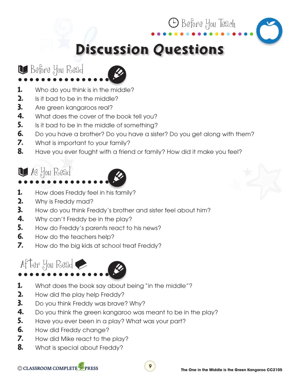 Discussion guide offers 23 questions before, during, and after reading about Freddy, family, and the play