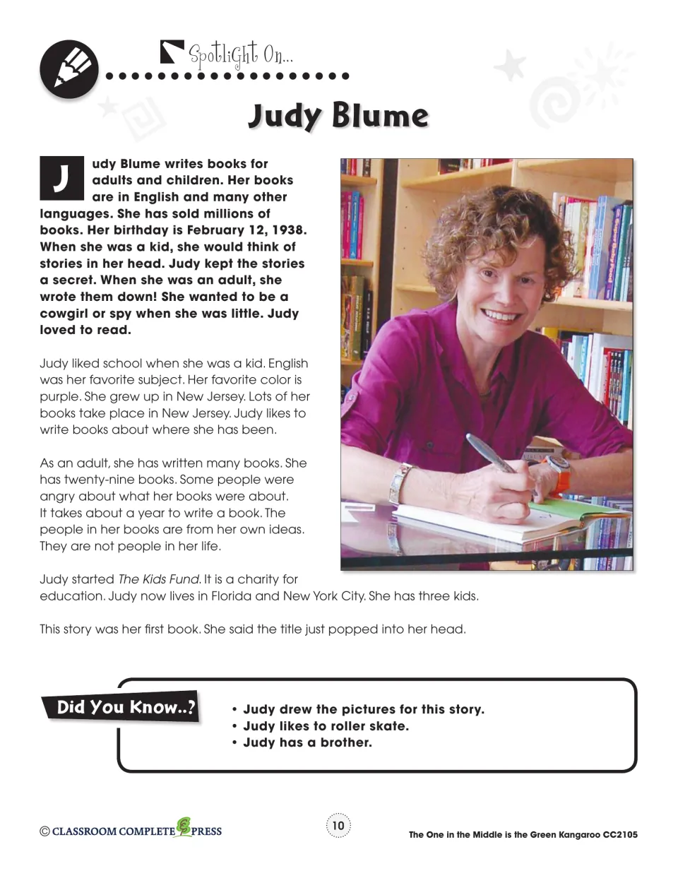 Judy Blume author handout describes her childhood, reading interests, and writing, with a portrait and facts