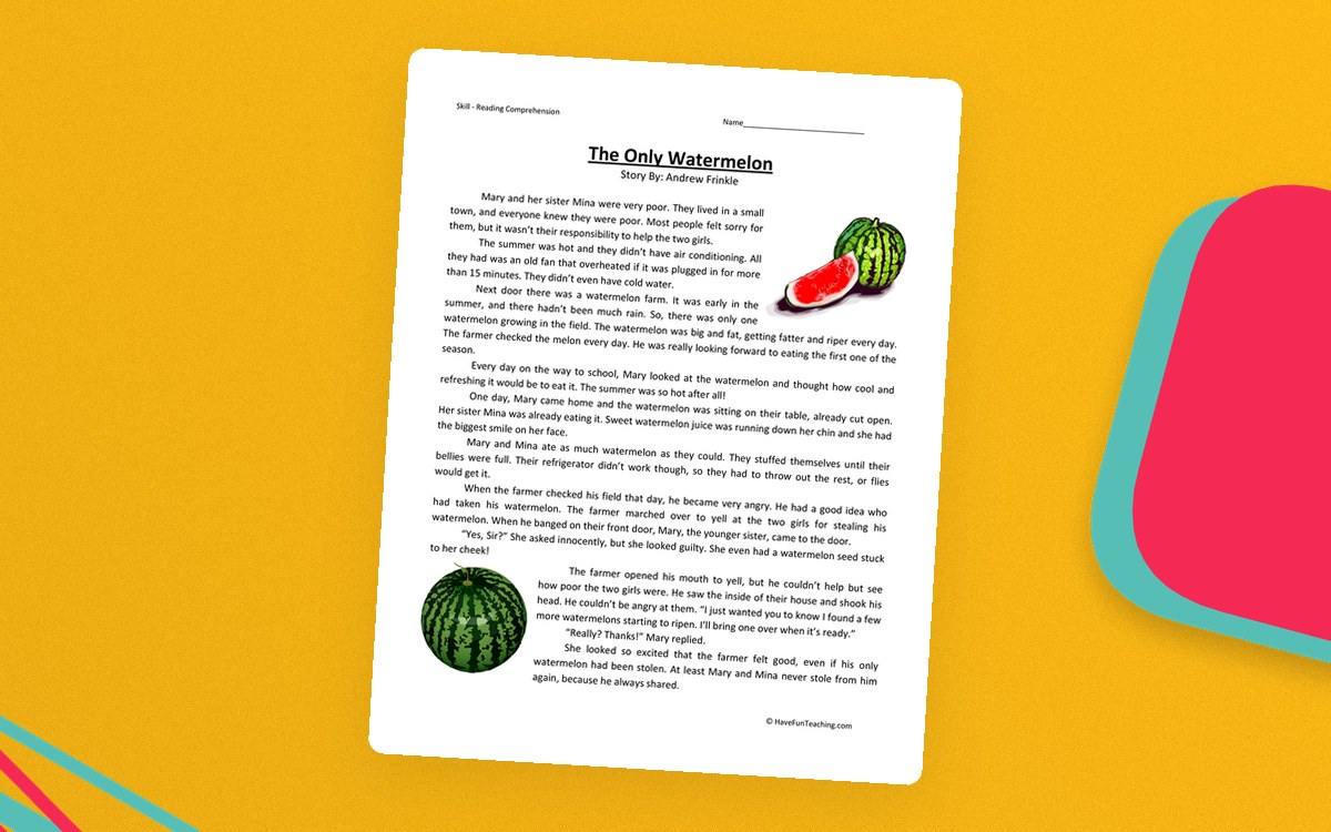 The Only Watermelon reading comprehension worksheet with a full-page story and watermelon illustrations.