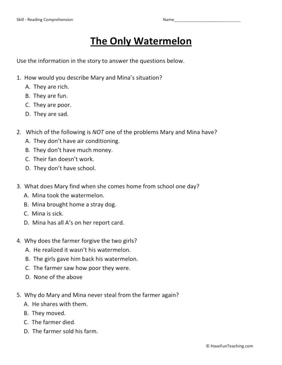 Comprehension check: students answer 5 multiple-choice questions on the sisters' situation and why the farmer forgives