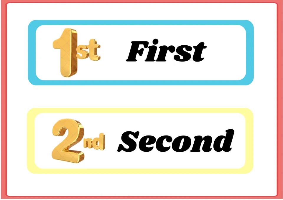 Ordinal number flashcards 1–2 of the 10-card set, pairing the numerals 1st and 2nd with First and Second