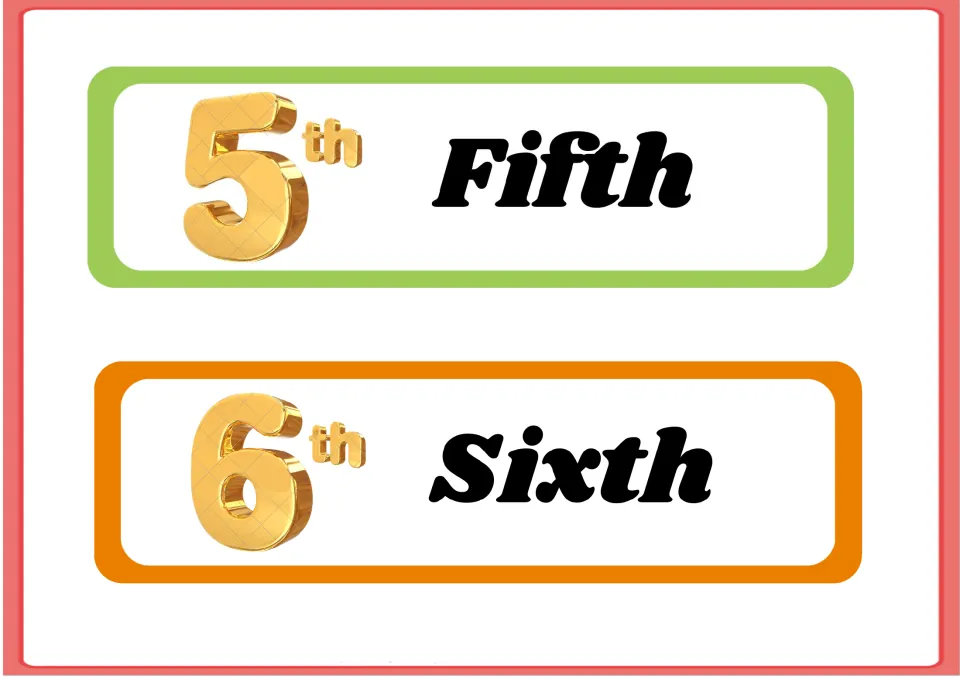 Ordinal number flashcards 5–6 of the 10-card set, pairing the numerals 5th and 6th with Fifth and Sixth