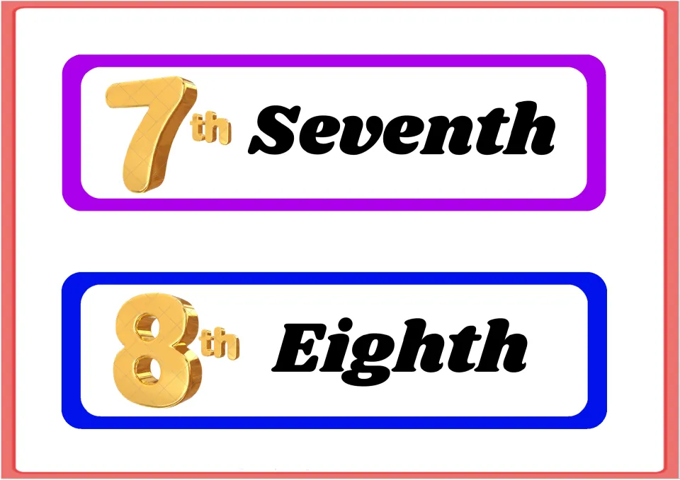 Ordinal number flashcards 7–8 of the 10-card set, pairing the numerals 7th and 8th with Seventh and Eighth