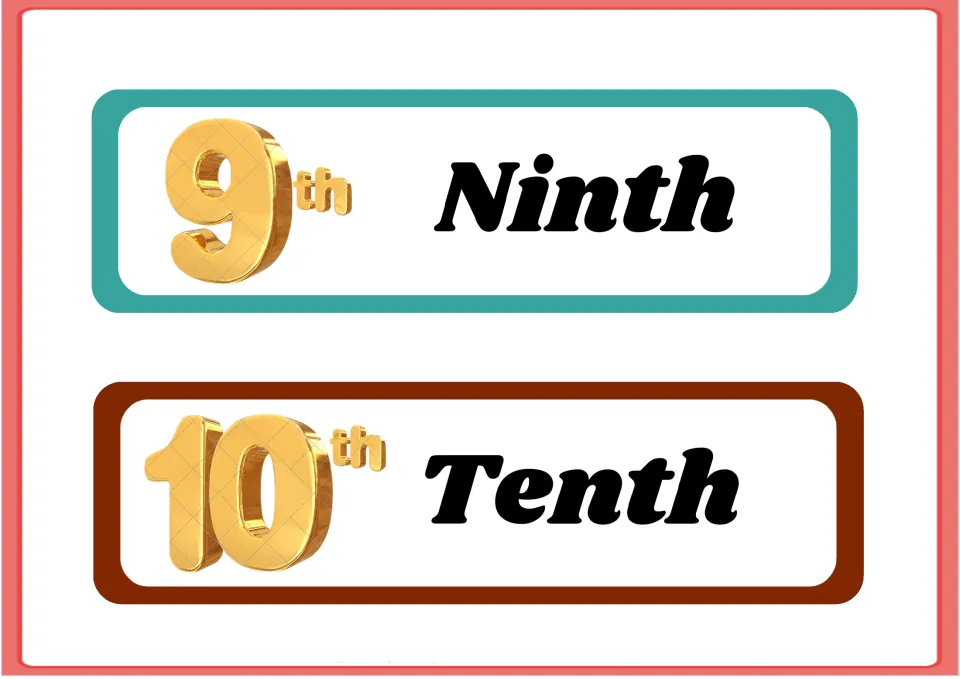 Ordinal number flashcards 9–10 of the 10-card set, pairing the numerals 9th and 10th with Ninth and Tenth