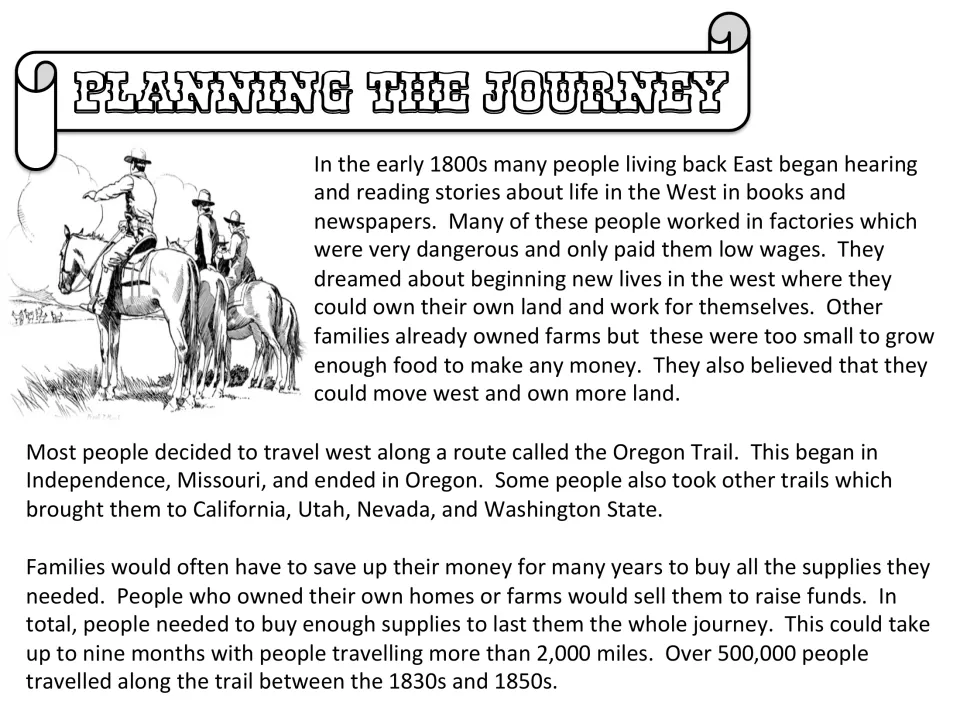 Planning the Journey reading: why families left the East, the route from Independence, Missouri, and saving for supplies