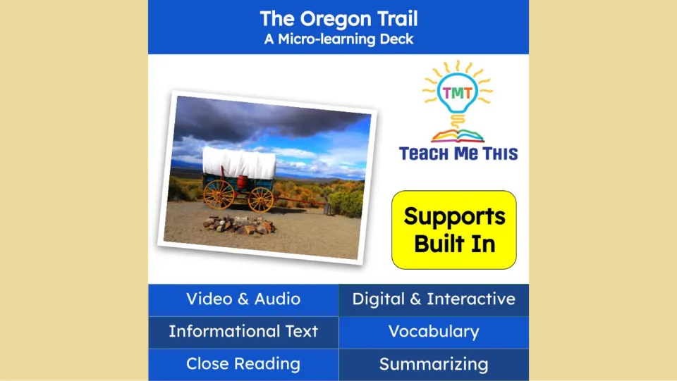 Cover of the Oregon Trail micro-learning deck, highlighting audio, video, vocabulary, and summarizing