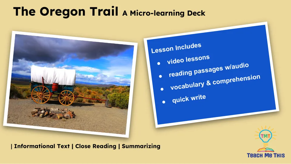 Lesson overview lists video lessons, reading passages with audio, vocabulary, comprehension, and a quick write