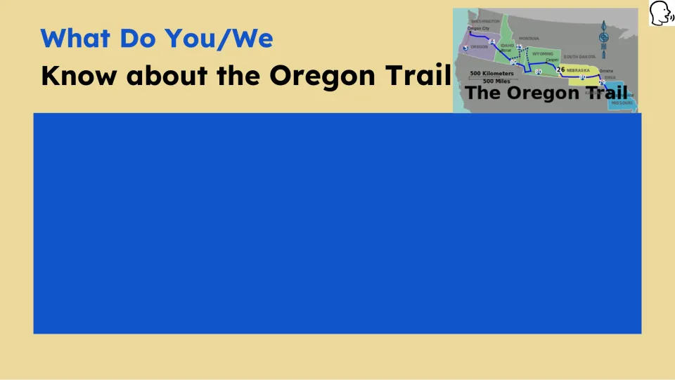Prior-knowledge slide asks what students know about the Oregon Trail and includes a map of the route