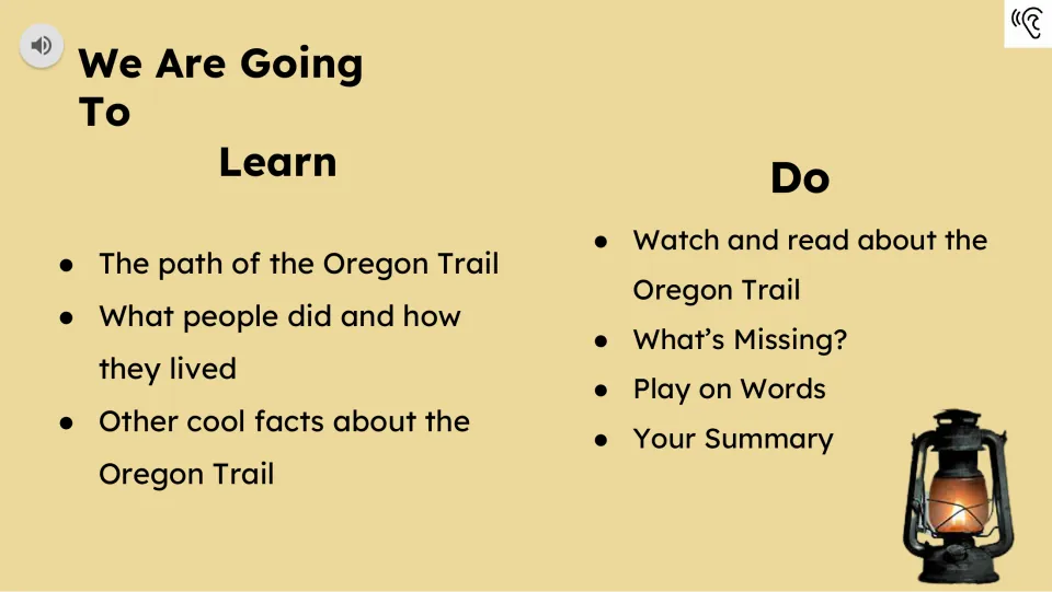 Learning goals cover the trail's path and people's lives; tasks include reading, wordplay, and a summary