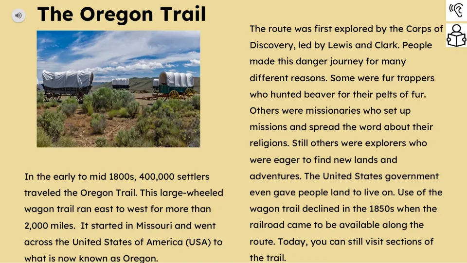 Reading passage covers the Oregon Trail's length, route from Missouri, travelers, and reasons for moving west