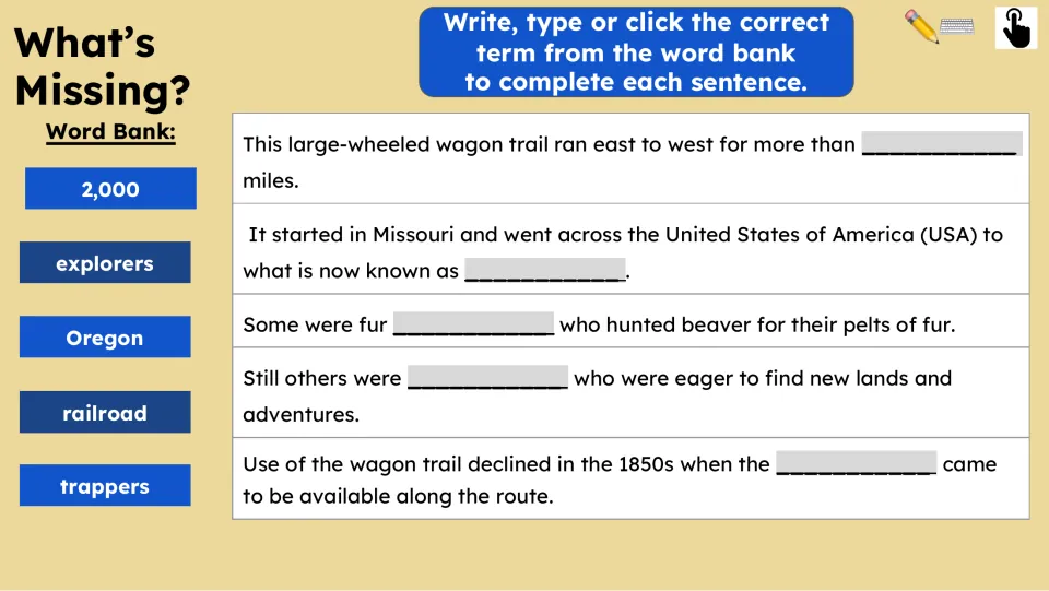 Comprehension activity has five missing-word sentences and a word bank: 2,000, explorers, Oregon, railroad, trappers