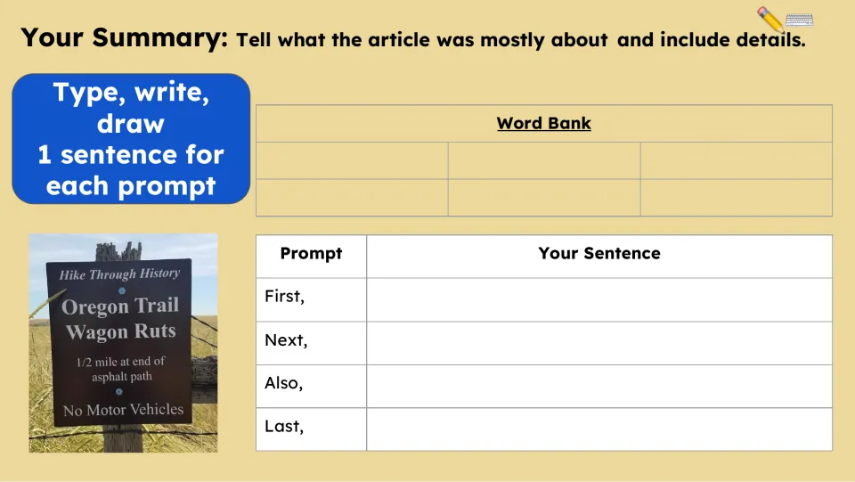Summary activity asks for the article's main idea and details using the prompts First, Next, Also, and Last
