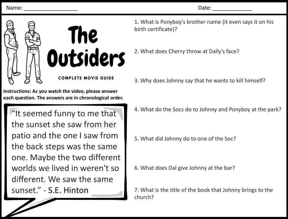 Film questions 1-7 in viewing order: students answer on Ponyboy's brother, Cherry, the park attack and Dally's gift