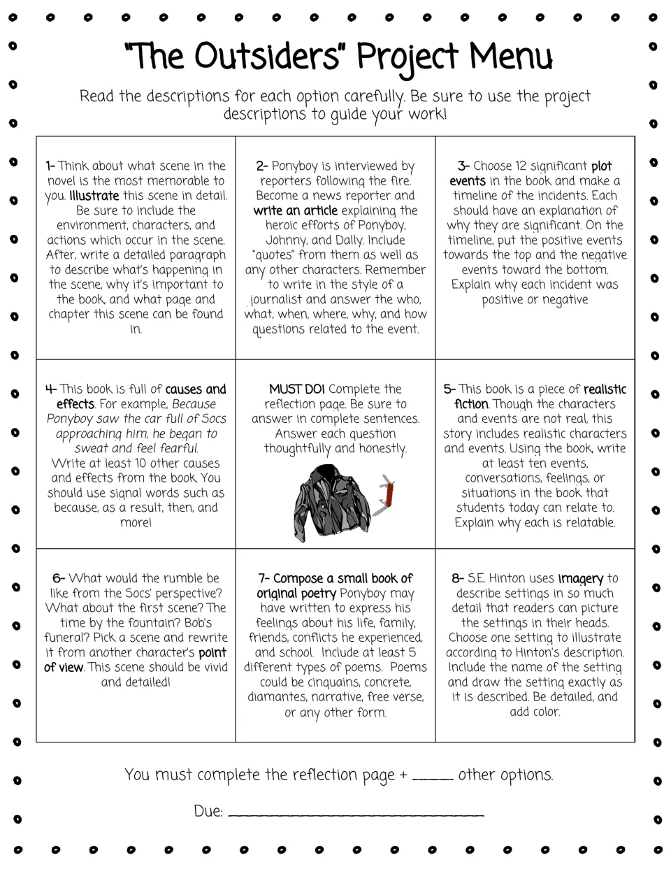 Novel project menu: students pick from 8 options such as a news article, plot timeline, poetry book and point-of-view rewrite