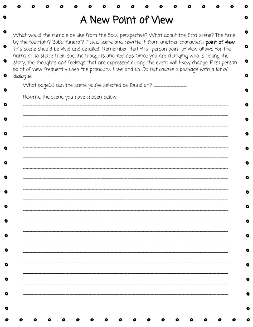 A New Point of View: students rewrite a scene such as the rumble or Bob's funeral in first person from another character