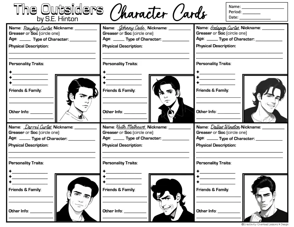 Character cards for Ponyboy, Johnny, Sodapop, Darrel, Keith and Dallas: students record age, traits, looks and family