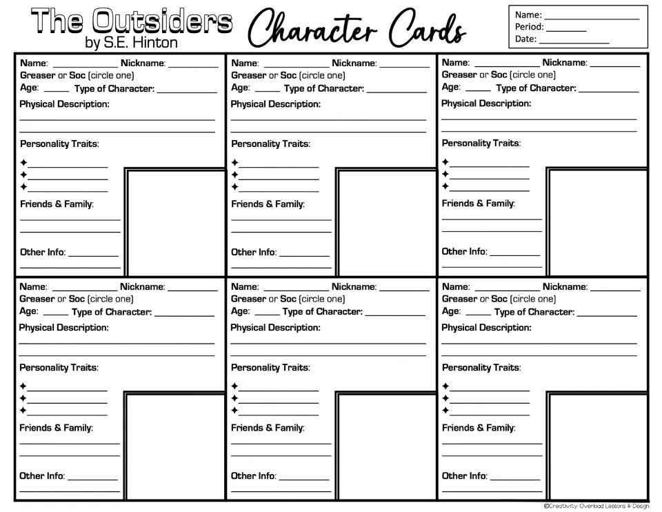 Blank character card template: six empty cards with name, greaser or Soc, traits and an empty portrait space to draw
