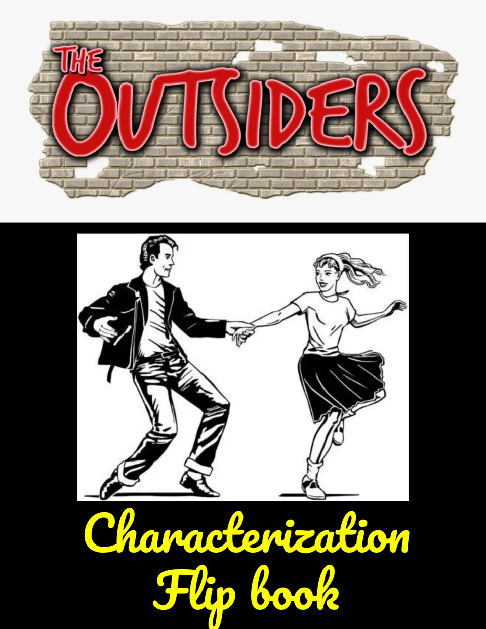 The Outsiders Characterization Flip Book cover showing the novel's logo on a brick wall and a dancing couple
