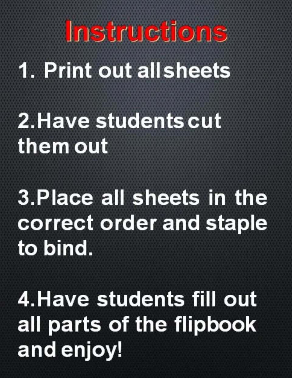 Flip book assembly steps: print all sheets, students cut them out, staple in order to bind, then fill it all in