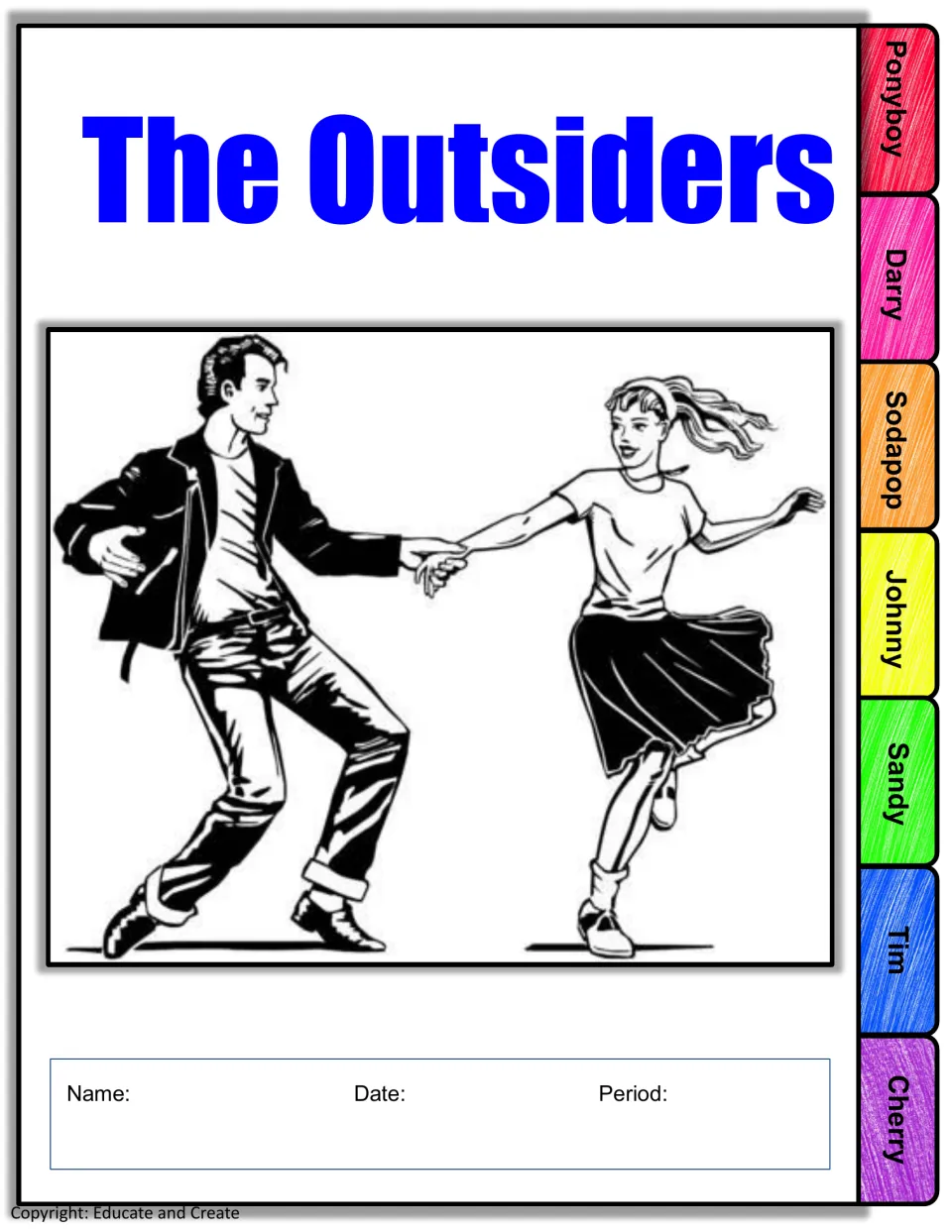 Flip book front page titled The Outsiders, with Name, Date and Period and tabs for Ponyboy, Darry, Sodapop and others