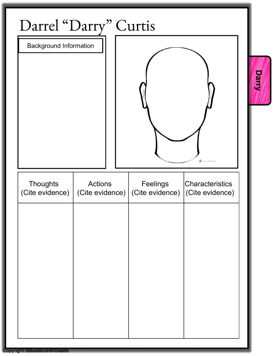 Darrel "Darry" Curtis characterization page: students note background, draw his face and cite text for feelings and traits