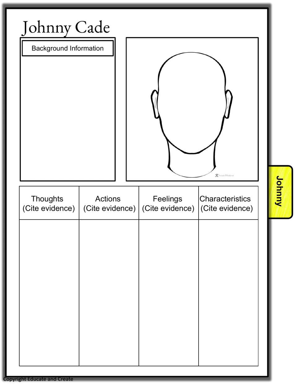 Johnny Cade profile: students record his background, draw his portrait and cite evidence for actions and characteristics