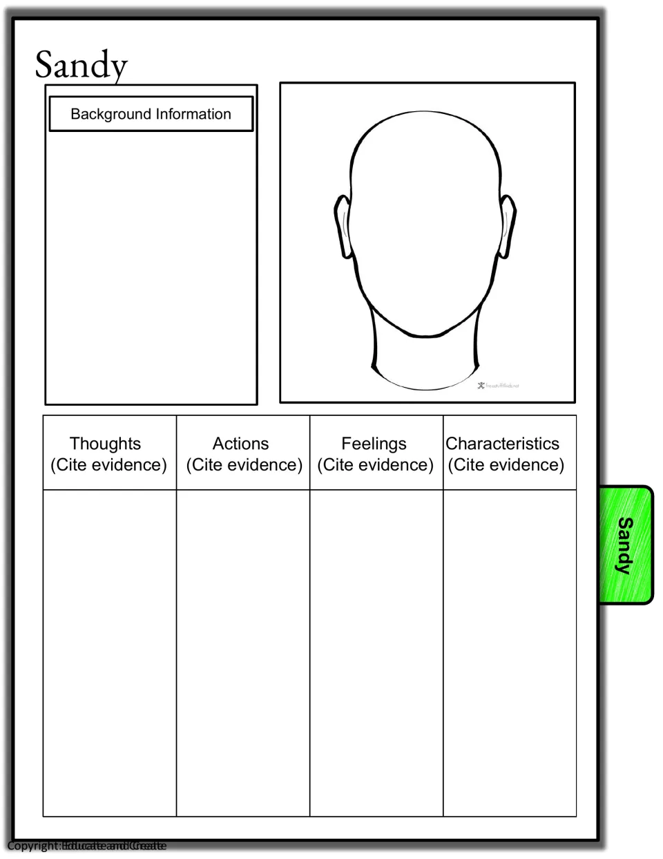 Sandy characterization page: students add background details, draw her face and cite evidence of her feelings and traits