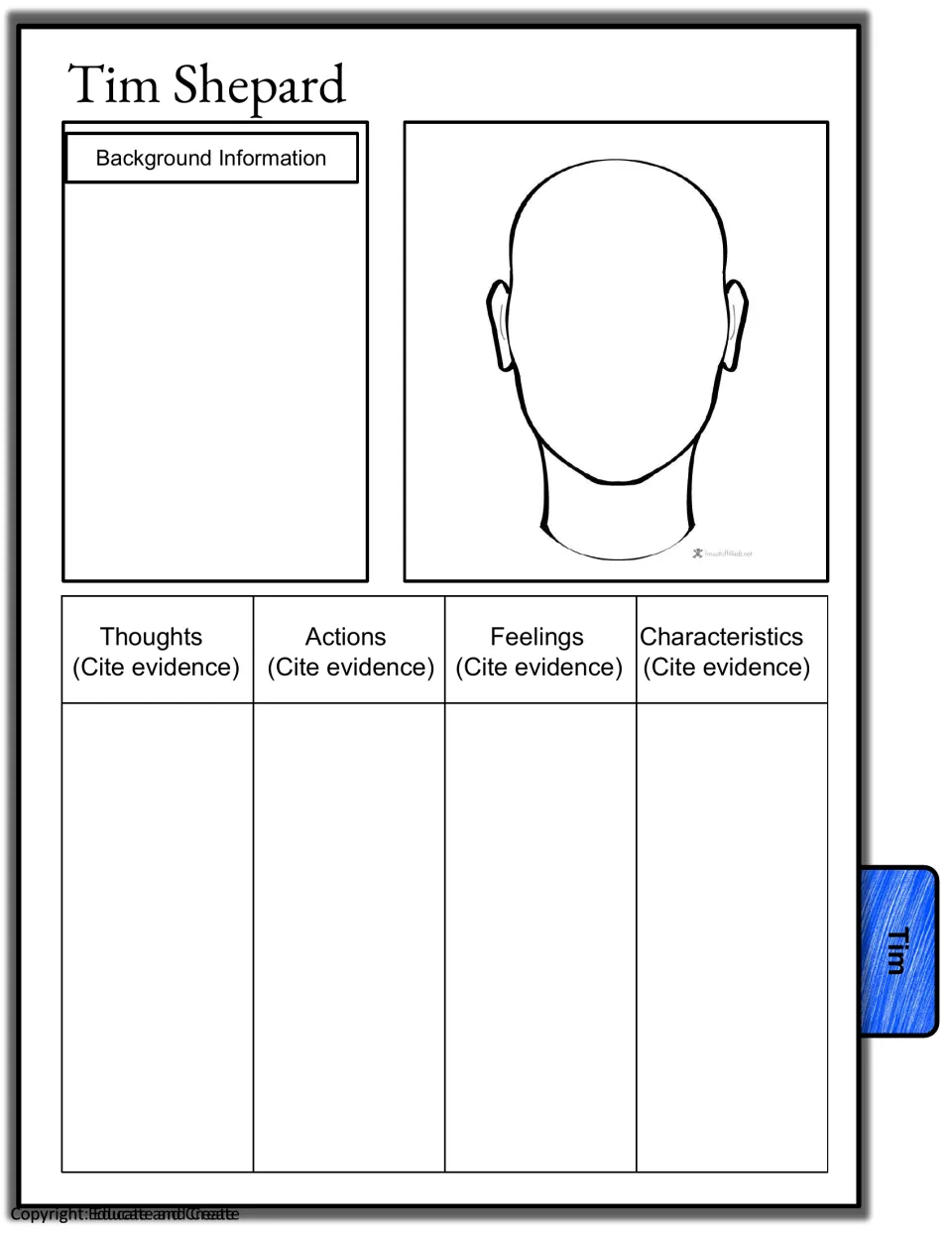 Tim Shepard character page: students write background facts, sketch his face and support each trait with cited evidence