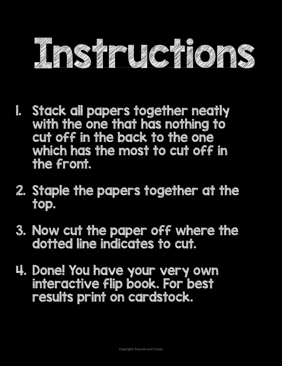 Flip book assembly steps: stack the pages by length, staple at the top, cut on the dotted lines and print on cardstock
