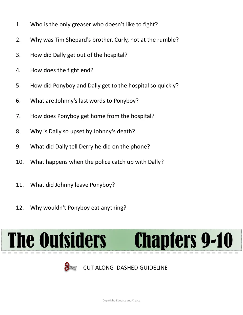Chapters 9-10 flip book layer: 12 comprehension questions on the rumble, Johnny's last words and police catching Dally