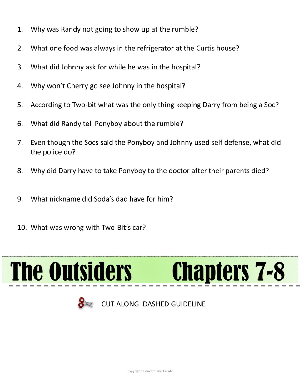 Chapters 7-8 flip book layer: 10 recall questions on Johnny in the hospital, Randy, the rumble and the Curtis house